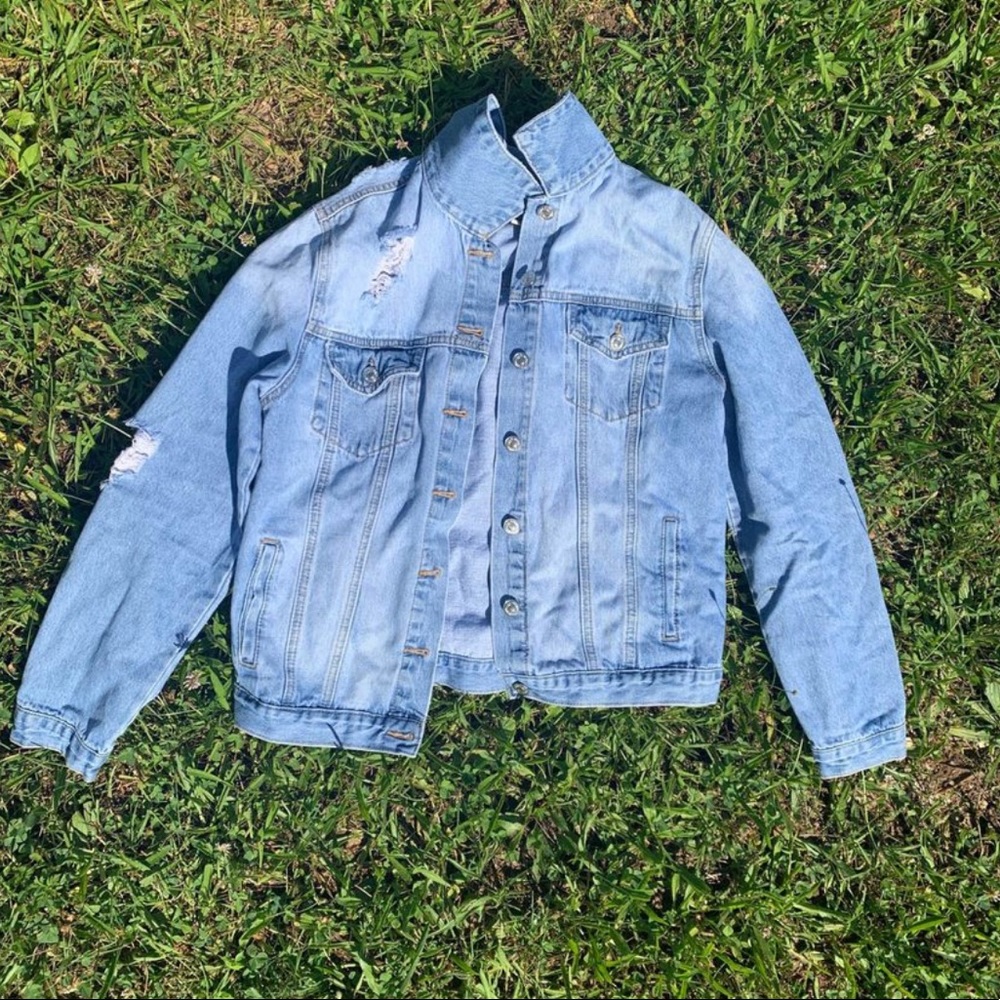Distressed Boyfriend Denim Jacket in Light Denim Medium